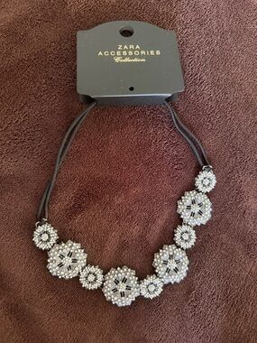 Zara Silver Beaded Floral Statement Necklace headband , new